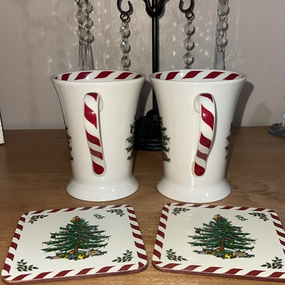 SPODE NWOB “Christmas Tree” Coffee, Tea or Hot Cocoa Set of 2 Mugs & 2 Coasters. - Picture 3 of 10